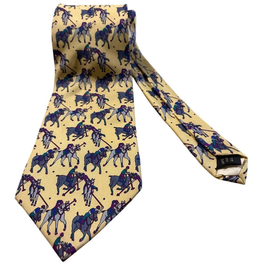 Bert Pulitzer Polo Horse Print Silk Tie Yellow Equestrian Necktie Vintage USA